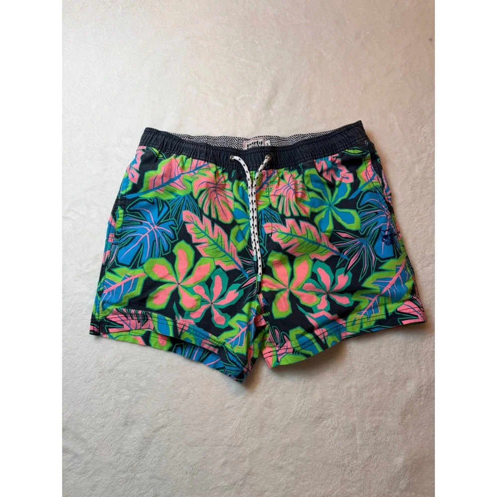 Party Pants Mens Tropical Neon Leaf Print Swim Trunks Shorts Black Large